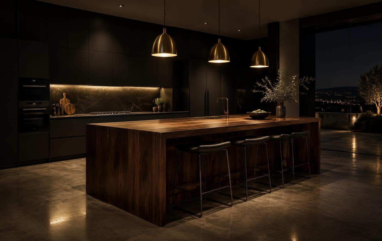 Dark modern kitchen with walnut island, stone countertop and pendant lighting