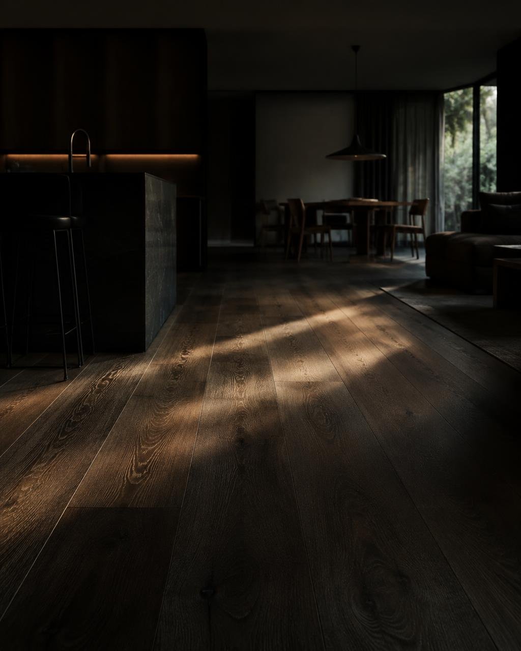 Wide-plank dark oak flooring with a shaft of daylight raking across the grain
