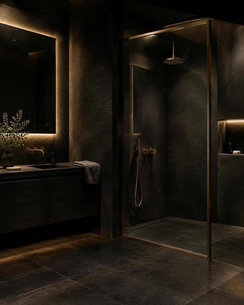 Dark bathroom remodel with charcoal large-format tile and brushed brass shower fittings